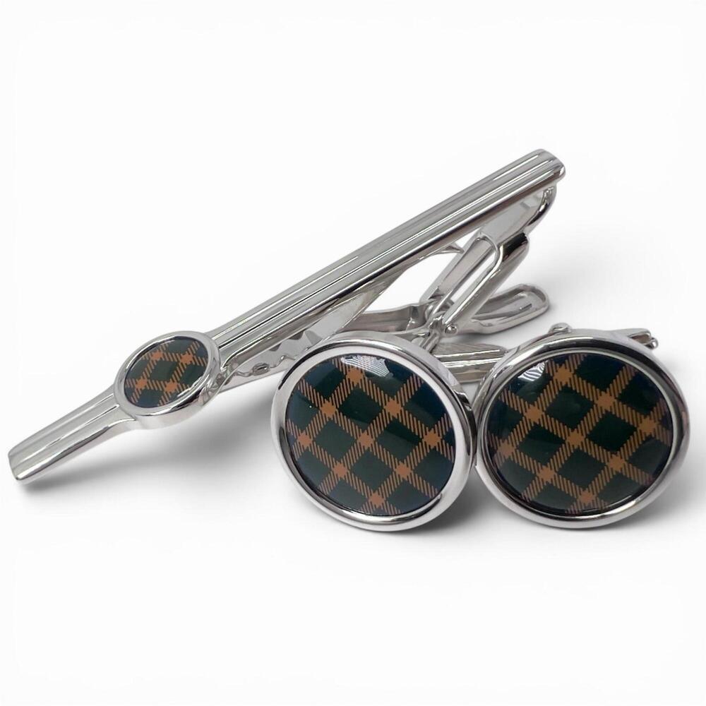 Dunhill Round Check Pattern Tie Pin and Cufflinks Set (2 pieces) - Green Oran...